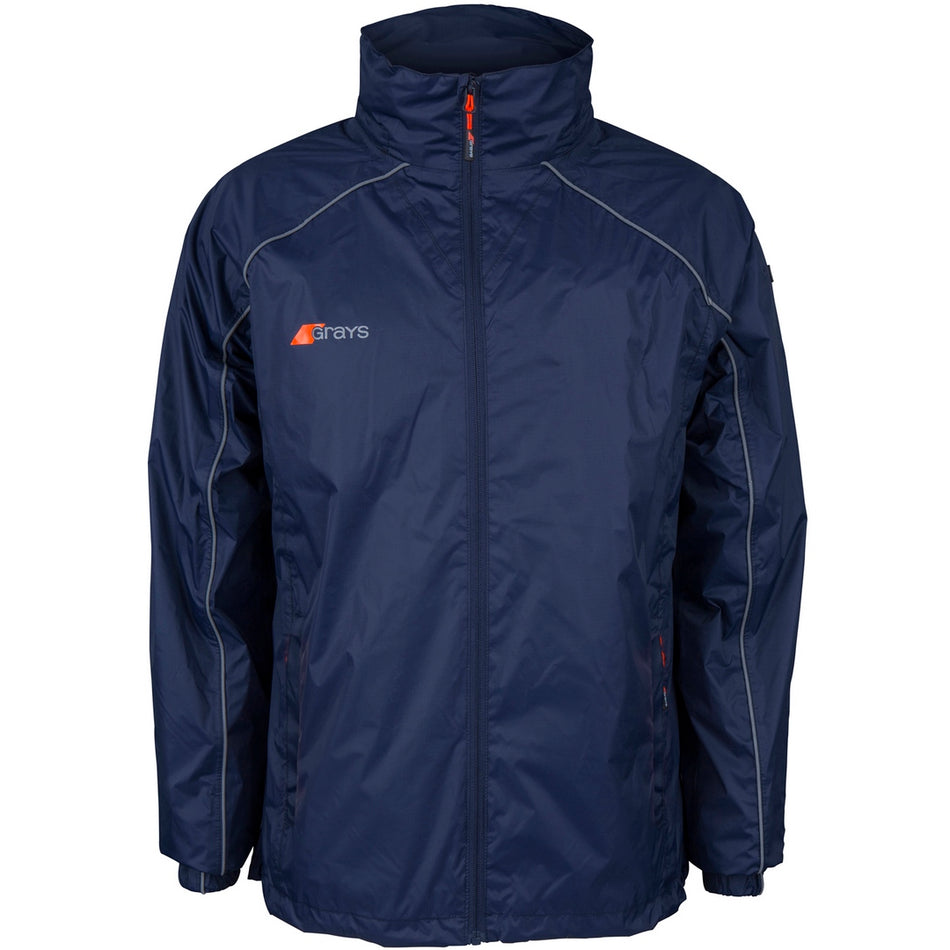 The Grays Mens Arc Rain Jacket is a navy blue, lightweight, breathable jacket with a front zipper, high collar, subtle grey piping, and the Grays logo in white and orange on the left chest.