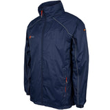The Grays Mens Arc Rain Jacket by Grays is a navy waterproof jacket featuring a high collar, zip front with orange accents on the zippers and logos, plus grey piping along the shoulders and sleeves for a sporty and breathable design.