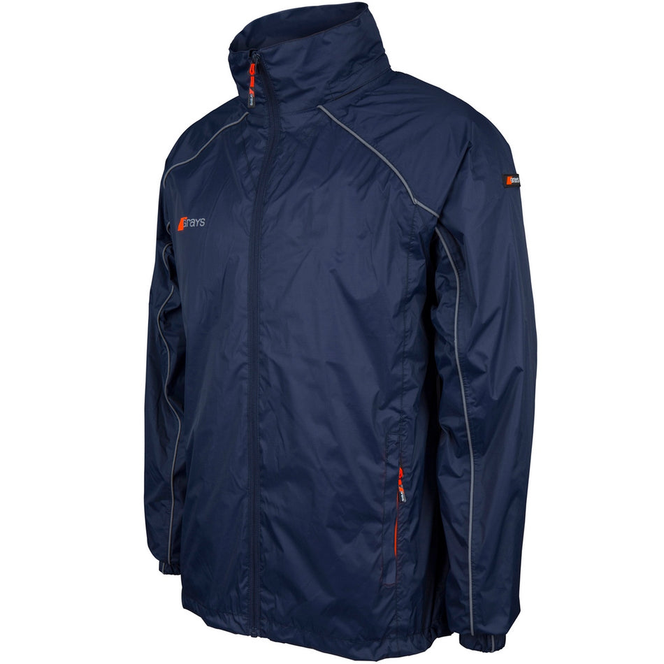 The Grays Mens Arc Rain Jacket by Grays is a navy waterproof jacket featuring a high collar, zip front with orange accents on the zippers and logos, plus grey piping along the shoulders and sleeves for a sporty and breathable design.