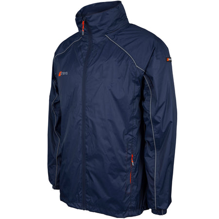 The Grays Junior Arc Rain Jacket is a kids' navy waterproof tracksuit jacket with a high collar, orange zipper accents, light gray piping on the shoulders and sleeves, zippered side pockets, and small Grays logos on the chest and sleeve.