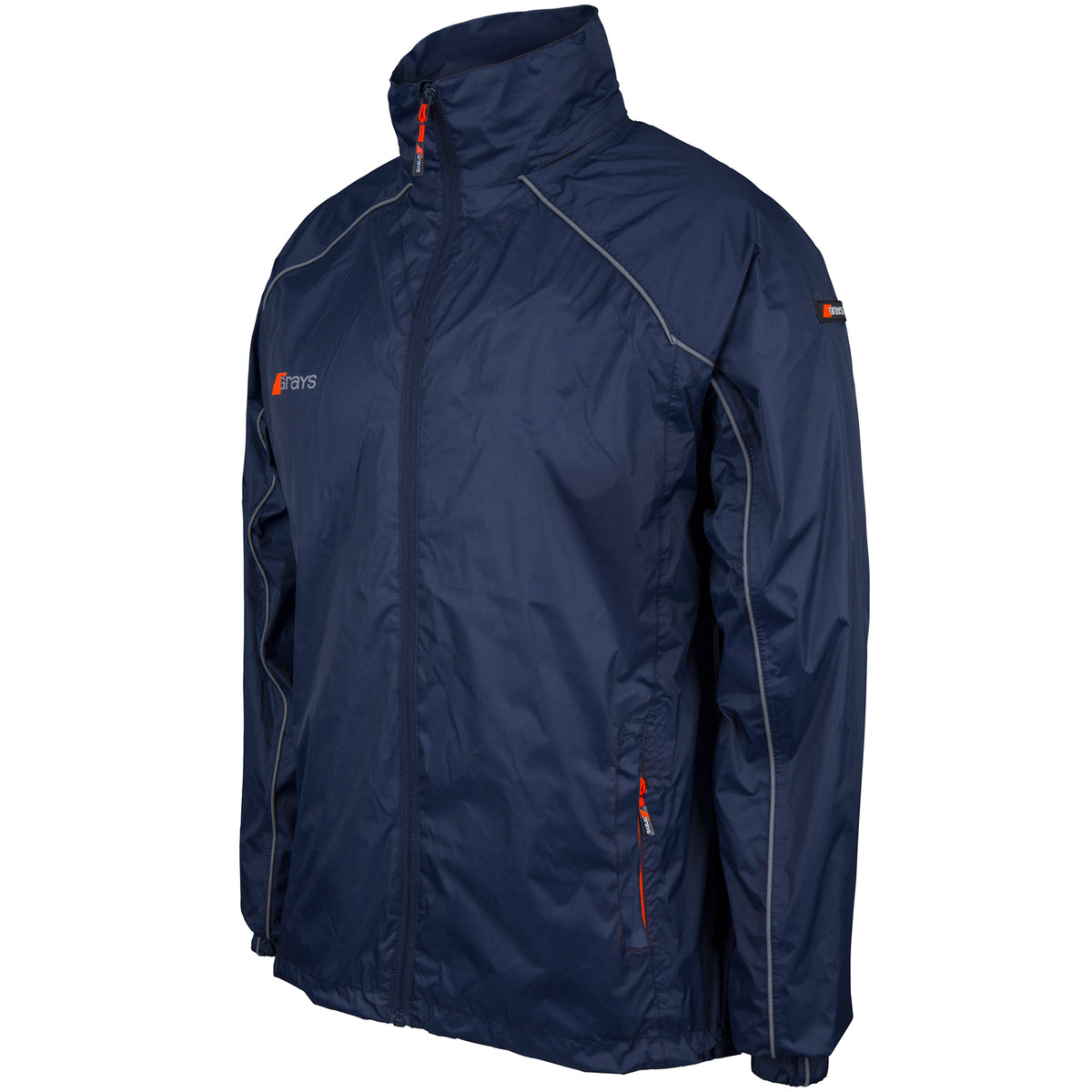 The Grays ARC Rain Jacket Ladies by Grays is a navy blue, lightweight rain jacket with a front zipper, high collar, two zippered pockets, light gray seam piping, and small orange and gray logo details on the chest and sleeve.