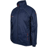 The Grays ARC Rain Jacket Ladies by Grays is a navy blue, lightweight rain jacket with a front zipper, high collar, two zippered pockets, light gray seam piping, and small orange and gray logo details on the chest and sleeve.