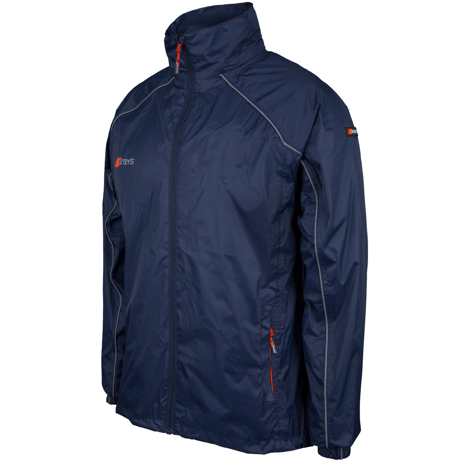The Grays ARC Rain Jacket Ladies by Grays is a navy blue, lightweight rain jacket with a front zipper, high collar, two zippered pockets, light gray seam piping, and small orange and gray logo details on the chest and sleeve.