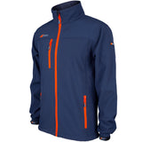 The Grays Radius Junior Soft Shell Jacket by Grays features bright orange zippers, zippered chest, side and sleeve pockets, a high collar, and water-resistant protection for all-weather comfort in stylish navy blue.