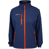 The Grays Ladies Radius Soft Shell Jacket in navy features bright orange zippers, a high collar, two front zip pockets, a small Grays logo on the left chest, and breathable water-resistant fabric for comfort in changing weather.
