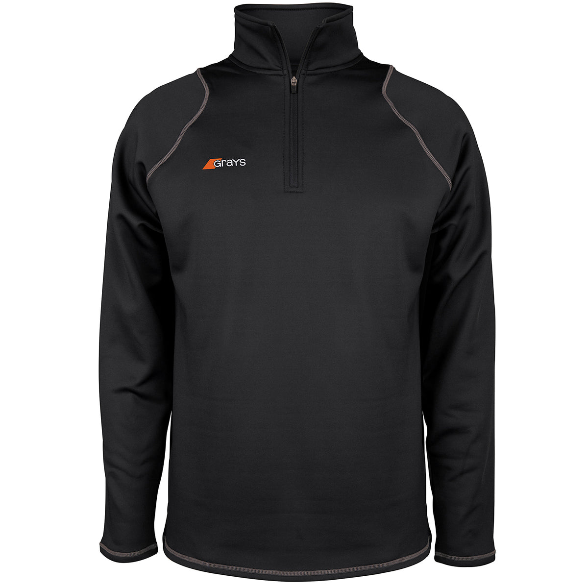 The Grays Mens Questa Fleece is a black, long-sleeved performance pullover with a quarter-zip front, gray seam piping, and a small Grays logo on the left chest.