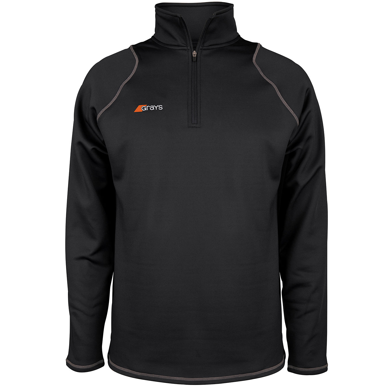 The Grays Mens Questa Fleece is a black, long-sleeved performance pullover with a quarter-zip front, gray seam piping, and a small Grays logo on the left chest.
