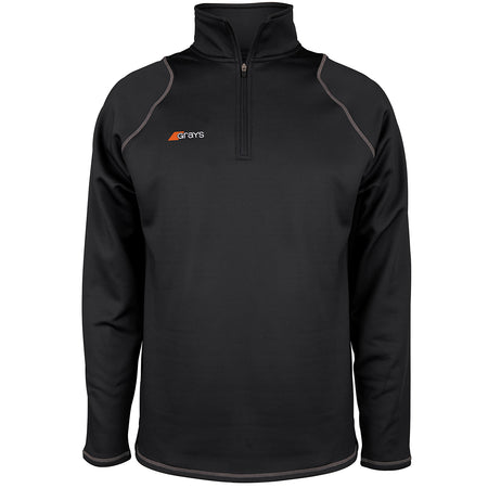 The Grays Mens Questa Fleece is a black, long-sleeved performance pullover with a quarter-zip front, gray seam piping, and a small Grays logo on the left chest.