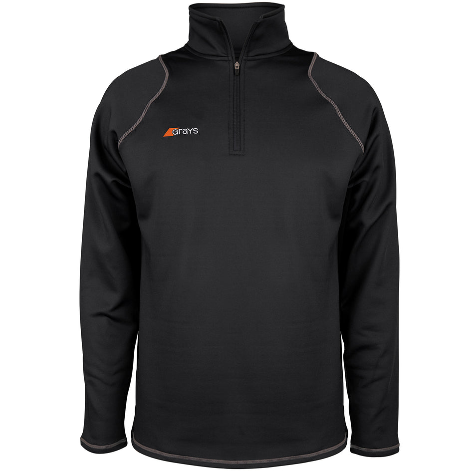 The Grays Mens Questa Fleece is a black, long-sleeved performance pullover with a quarter-zip front, gray seam piping, and a small Grays logo on the left chest.