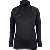 The Grays Ladies Questa 1/4 Zip Fleece is a black, long-sleeve performance pullover with gray stitching, a high collar, fitted design, and a white and orange Grays logo on the left chest.