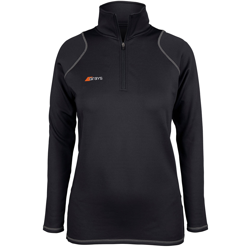 The Grays Ladies Questa 1/4 Zip Fleece is a black, long-sleeve performance pullover with gray stitching, a high collar, fitted design, and a white and orange Grays logo on the left chest.