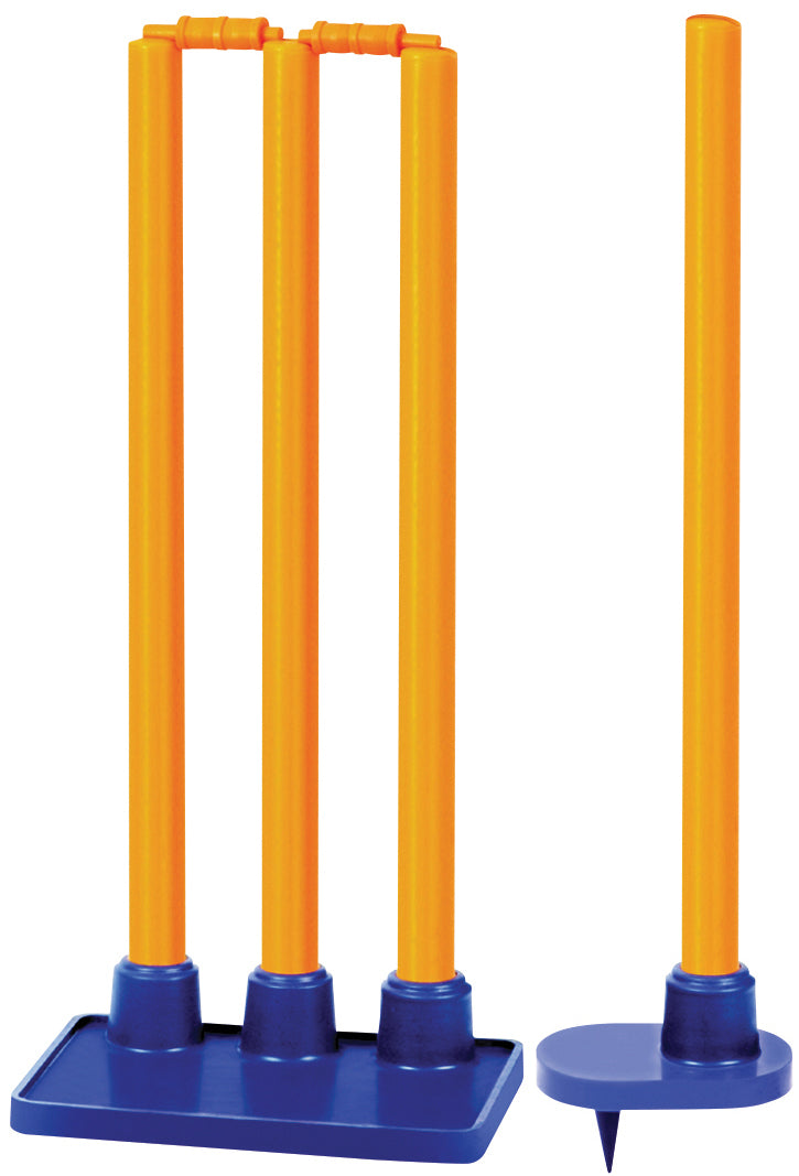 The Hunts County Reflex Flexi Stumps Package features three yellow stumps with blue bases on a rectangular stand plus a single yellow stump on a round base—perfect cricket training gear from Hunts County to enhance your skills.