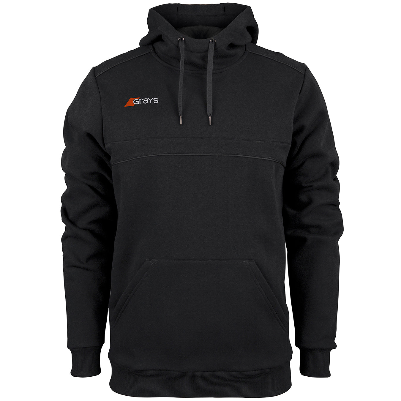 The Grays Mens Point Hoodie features a modern black design with a front kangaroo pocket, drawstrings, and the Grays logo in white and orange on the upper left chest—combining style and comfort for everyday wear.
