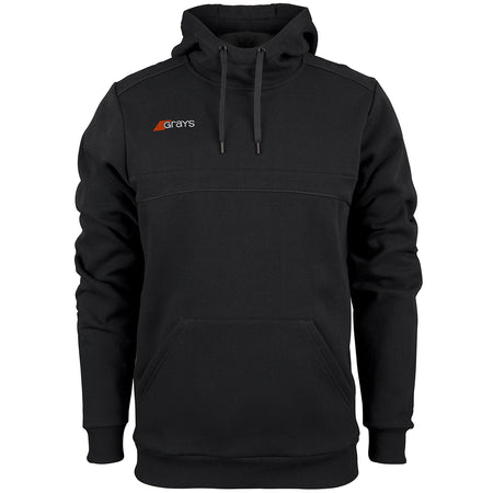 The Grays Mens Point Hoodie features a modern black design with a front kangaroo pocket, drawstrings, and the Grays logo in white and orange on the upper left chest—combining style and comfort for everyday wear.