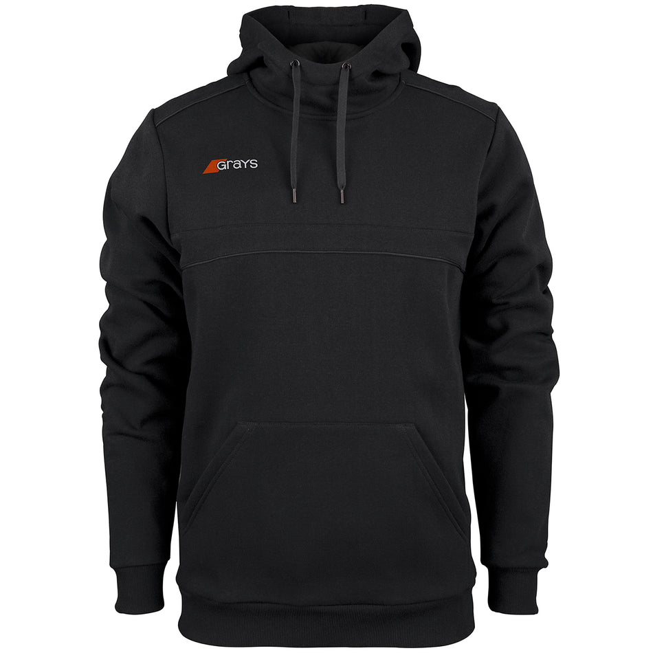 The Grays Mens Point Hoodie features a modern black design with a front kangaroo pocket, drawstrings, and the Grays logo in white and orange on the upper left chest—combining style and comfort for everyday wear.