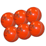 Six orange Hunts County Club cricket balls with white stitching, arranged in two rows. Each training ball features "county CLUB" and "5 1/2 OZ" printed in black. Brand: Hunts County.