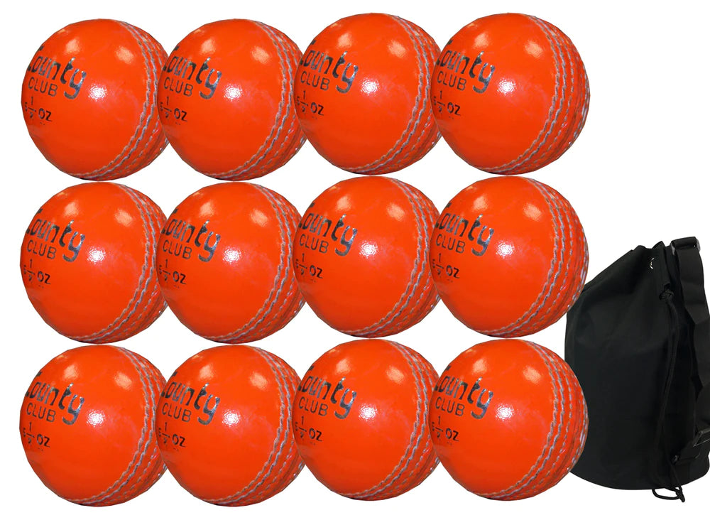 The Hunts County Club Ball Twelve Pack With Ball Bag includes twelve orange Hunts County balls with visible stitching and CLUB text, arranged in a grid beside the included black carrying bag.