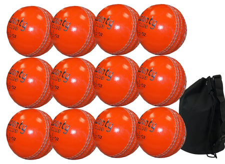 The Hunts County Club Ball Twelve Pack With Ball Bag includes twelve orange Hunts County balls with visible stitching and CLUB text, arranged in a grid beside the included black carrying bag.
