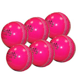 Six Hunts County Club Ball Six Pack training balls in bright pink with white stitching, arranged in two rows on a white background. Each ball features the Hunts County brand printed in black.