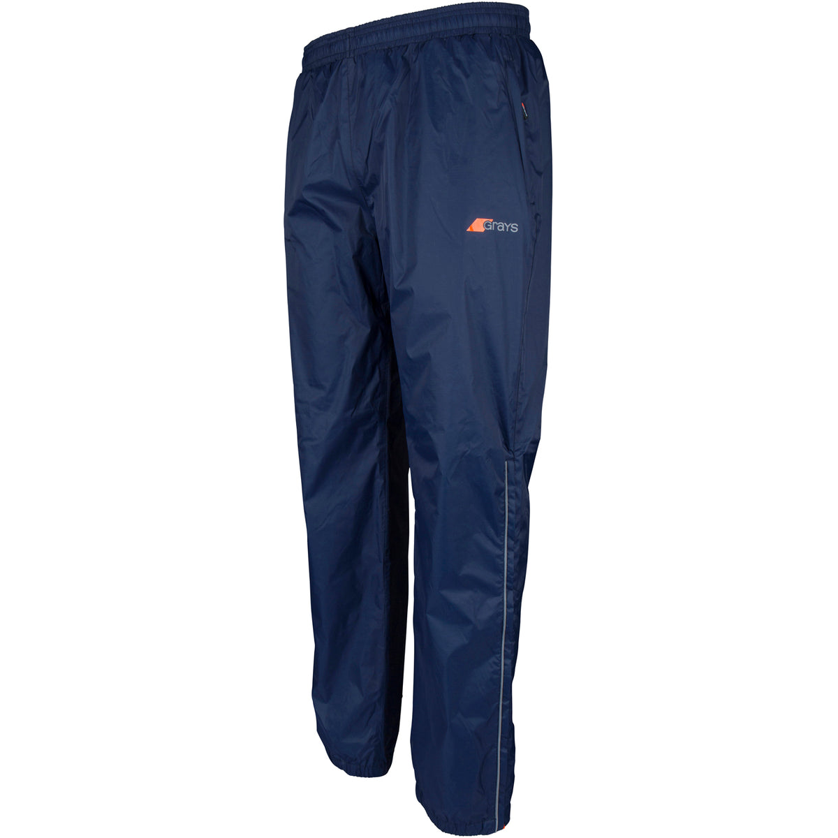 Grays Junior ARC Rain Trousers by Grays in navy blue with a waterproof finish, elastic waistband, and small left thigh logo, shown on a white background.