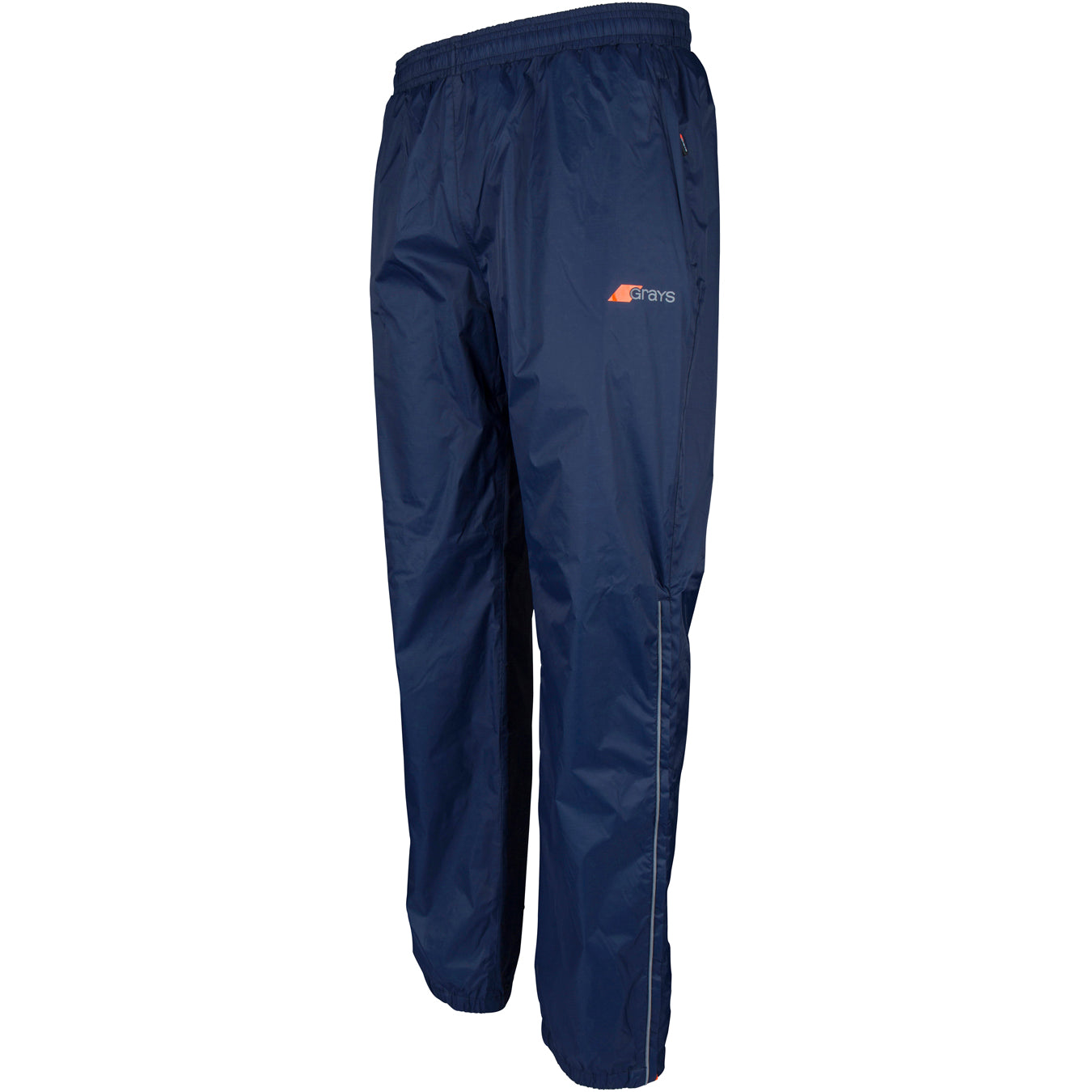 Grays Junior ARC Rain Trousers by Grays in navy blue with a waterproof finish, elastic waistband, and small left thigh logo, shown on a white background.