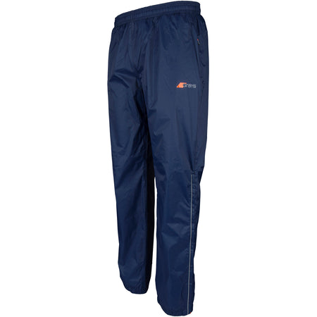 Grays Junior ARC Rain Trousers by Grays in navy blue with a waterproof finish, elastic waistband, and small left thigh logo, shown on a white background.