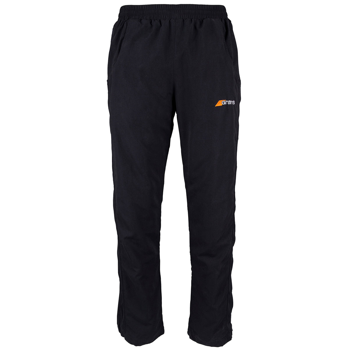 Grays Mens Glide Trousers by Grays, black athletic pants with an elastic waistband, side pockets, and a soft cotton jersey lining. Features the Grays logo on the left thigh and is shown against a white background.