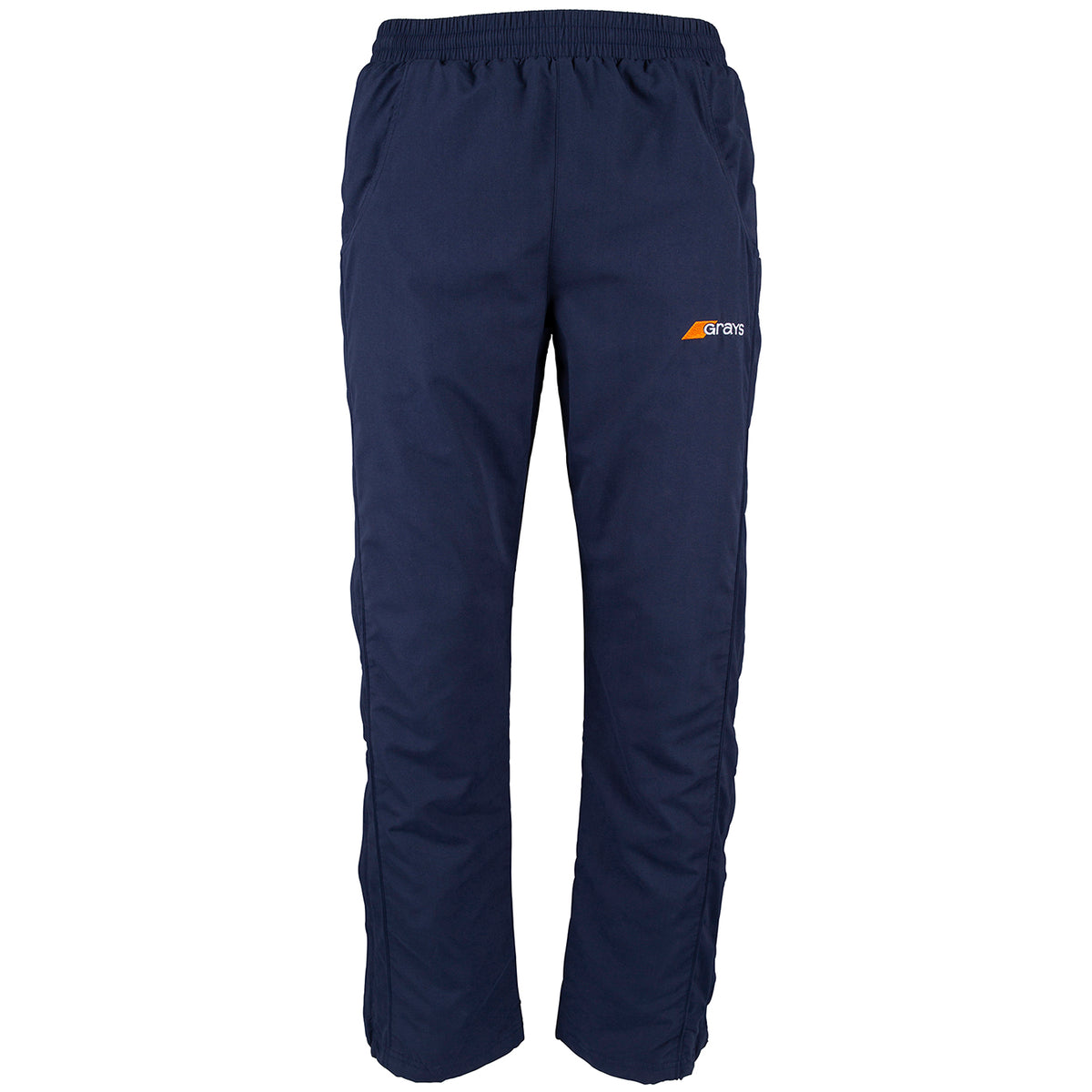 Grays Mens Glide Trousers by Grays are navy blue athletic track pants with an elastic waistband, side pockets, a small orange and white trans logo on the left thigh, and soft cotton Jersey lining for extra comfort.