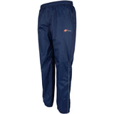 Grays Ladies ARC Rain Trousers by Grays: navy blue lightweight waterproof track pants with an elastic waistband, reflective piping, and a small orange and grey logo on the upper left thigh—perfect for outdoor or sports activities.