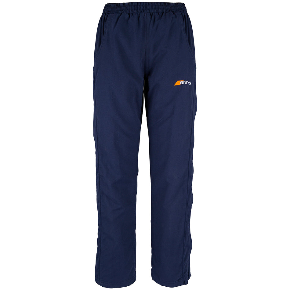 Grays Ladies Glide Trousers in navy blue feature an elasticated waist, long leg zippers, and a small orange and white Grays logo on the left thigh, shown against a plain white background.