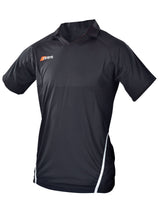 The Grays G750 Junior Shirt in black features short sleeves, white side accents, and a white and orange Grays logo on the chest. Made from lightweight, quick-drying fabric with moisture management and a collar. Brand: Grays.
