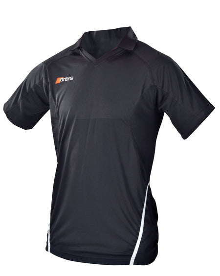 The Grays G750 Junior Shirt in black features short sleeves, white side accents, and a white and orange Grays logo on the chest. Made from lightweight, quick-drying fabric with moisture management and a collar. Brand: Grays.