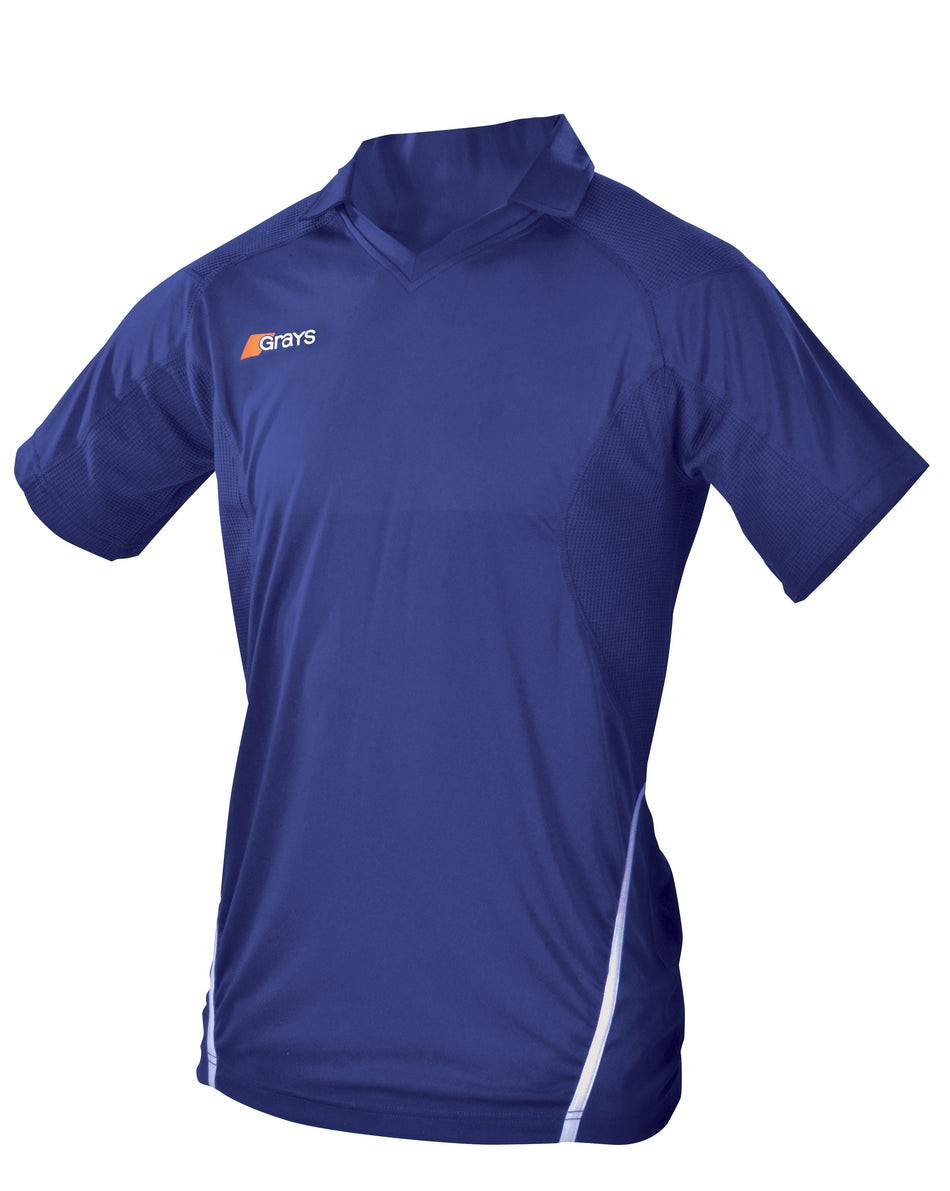 The Grays G750 Junior Shirt is a blue short-sleeve athletic top with a subtle v-neck, white side accents, moisture-wicking quick-dry fabric, and the Grays logo on the upper left chest.