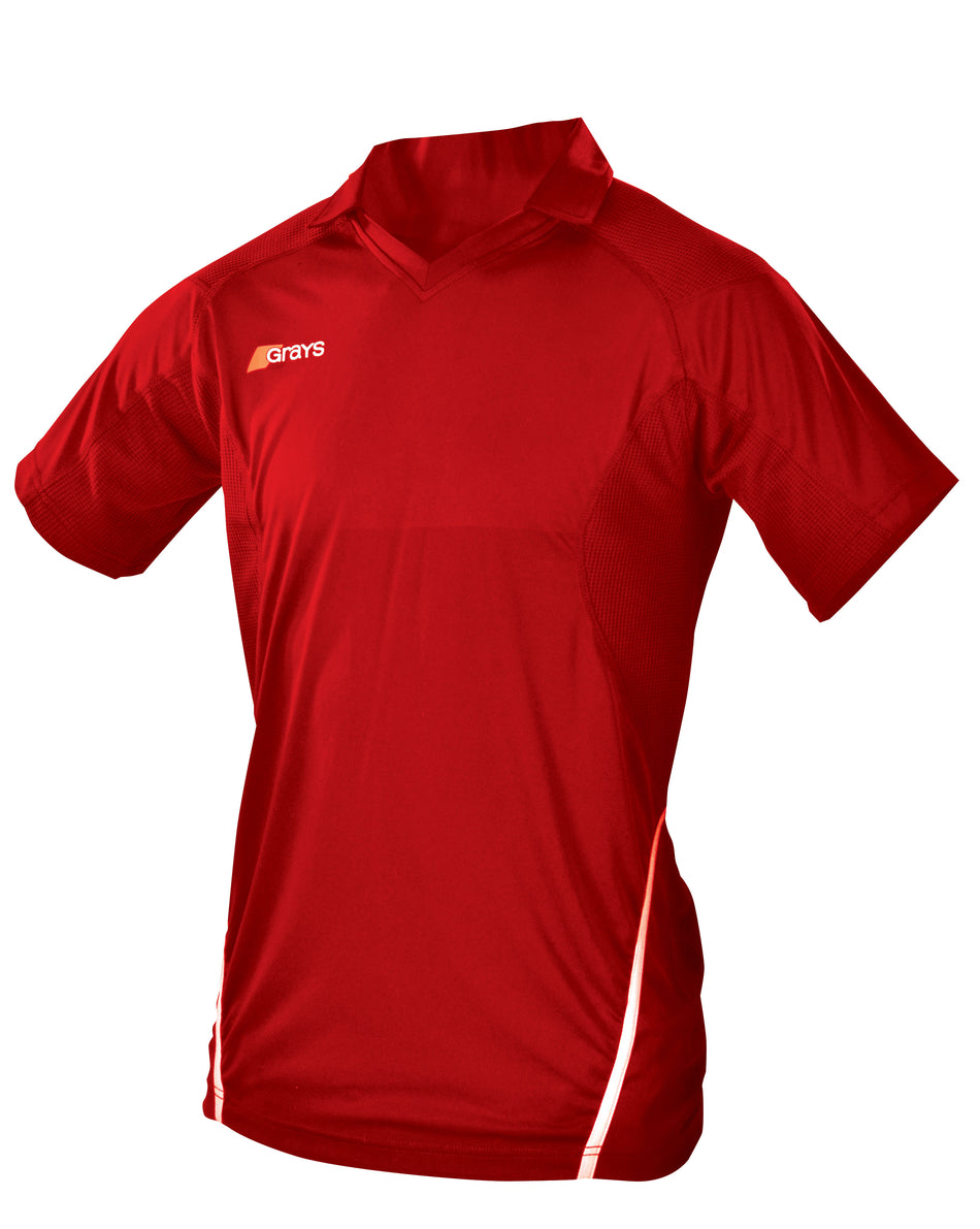 The Grays G750 Men's Shirt is a plain red sports jersey with a V-neck, white side stripes, moisture-wicking fabric, and the Grays logo on the upper left chest.