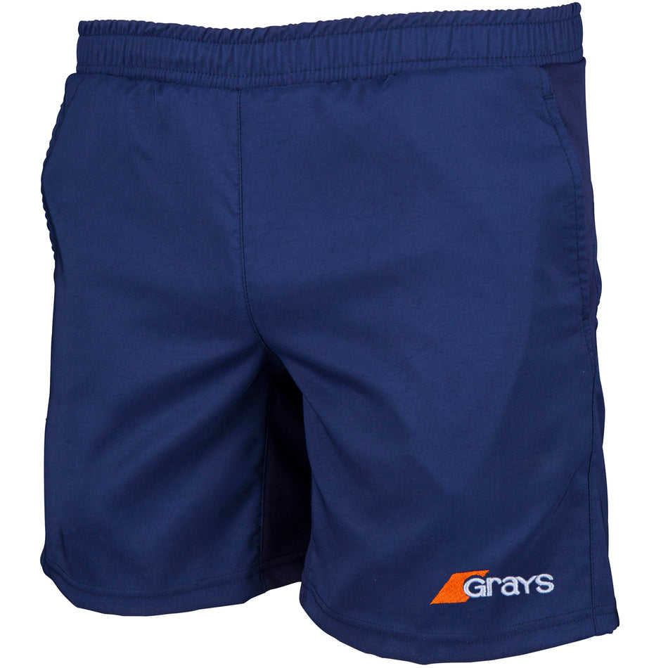 The Grays Mens Axis Hockey Short by Grays features a simple design in navy with an elastic waistband, breathable fabric, visible stitching, and the Grays logo in white and orange on the lower left leg.