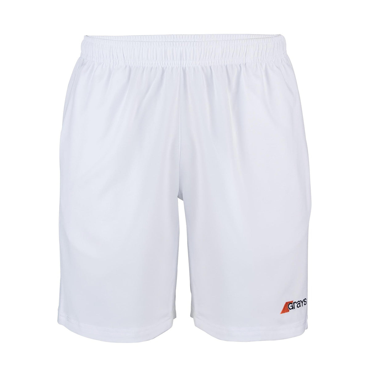 The Grays Mens Axis Hockey Short by Grays is a pair of lightweight white performance shorts featuring a breathable elastic waistband and a small Grays logo on the bottom right corner.