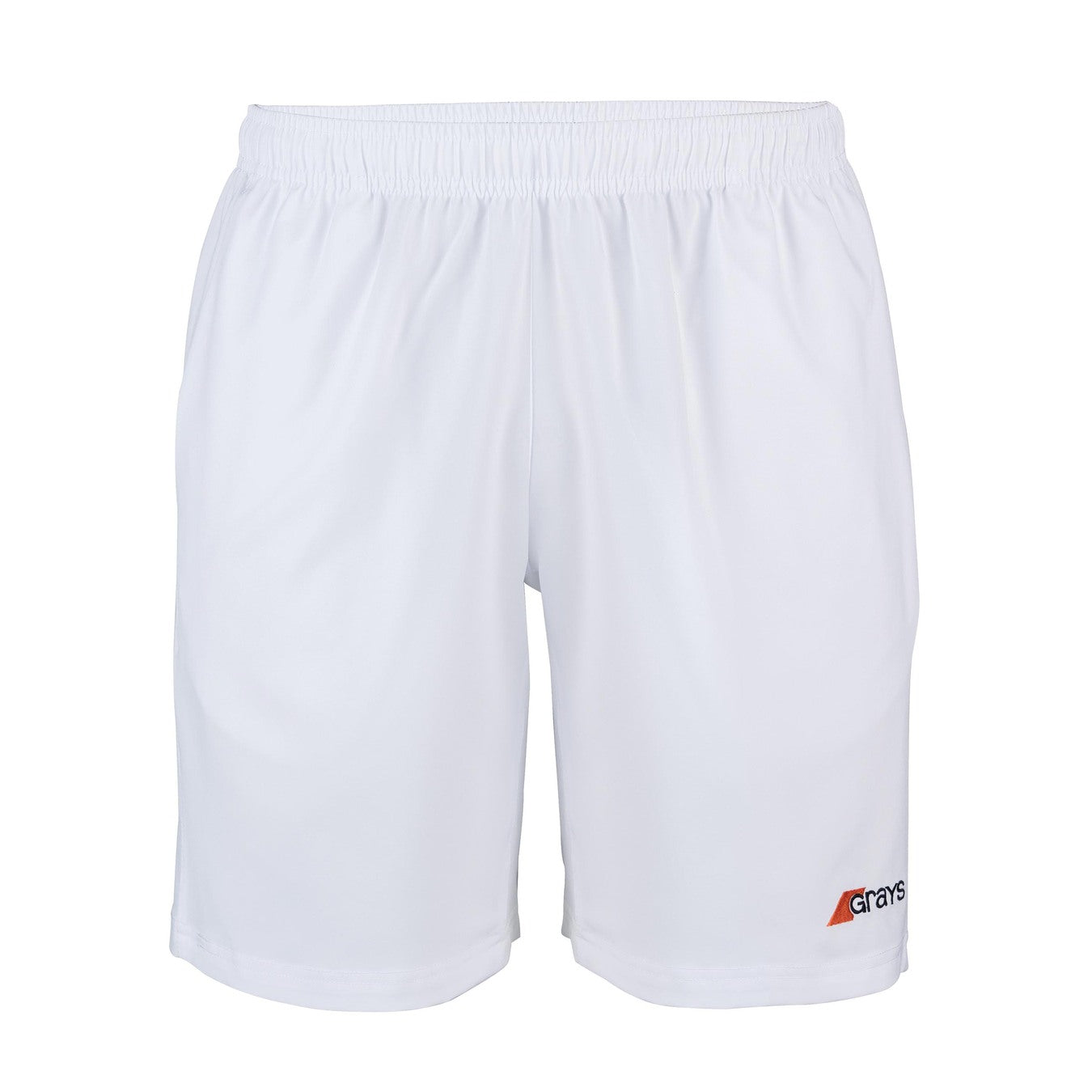 The Grays Mens Axis Hockey Short by Grays is a pair of lightweight white performance shorts featuring a breathable elastic waistband and a small Grays logo on the bottom right corner.