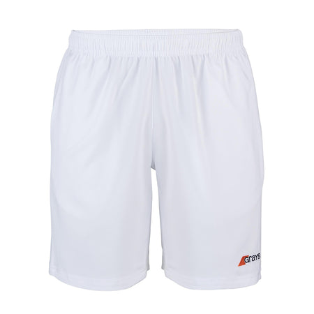 The Grays Junior Axis Hockey Short features an elasticated waistband and a small black-and-orange Grays logo on the lower right leg. Made from lightweight woven fabric, these plain white athletic shorts have no other visible designs or patterns.