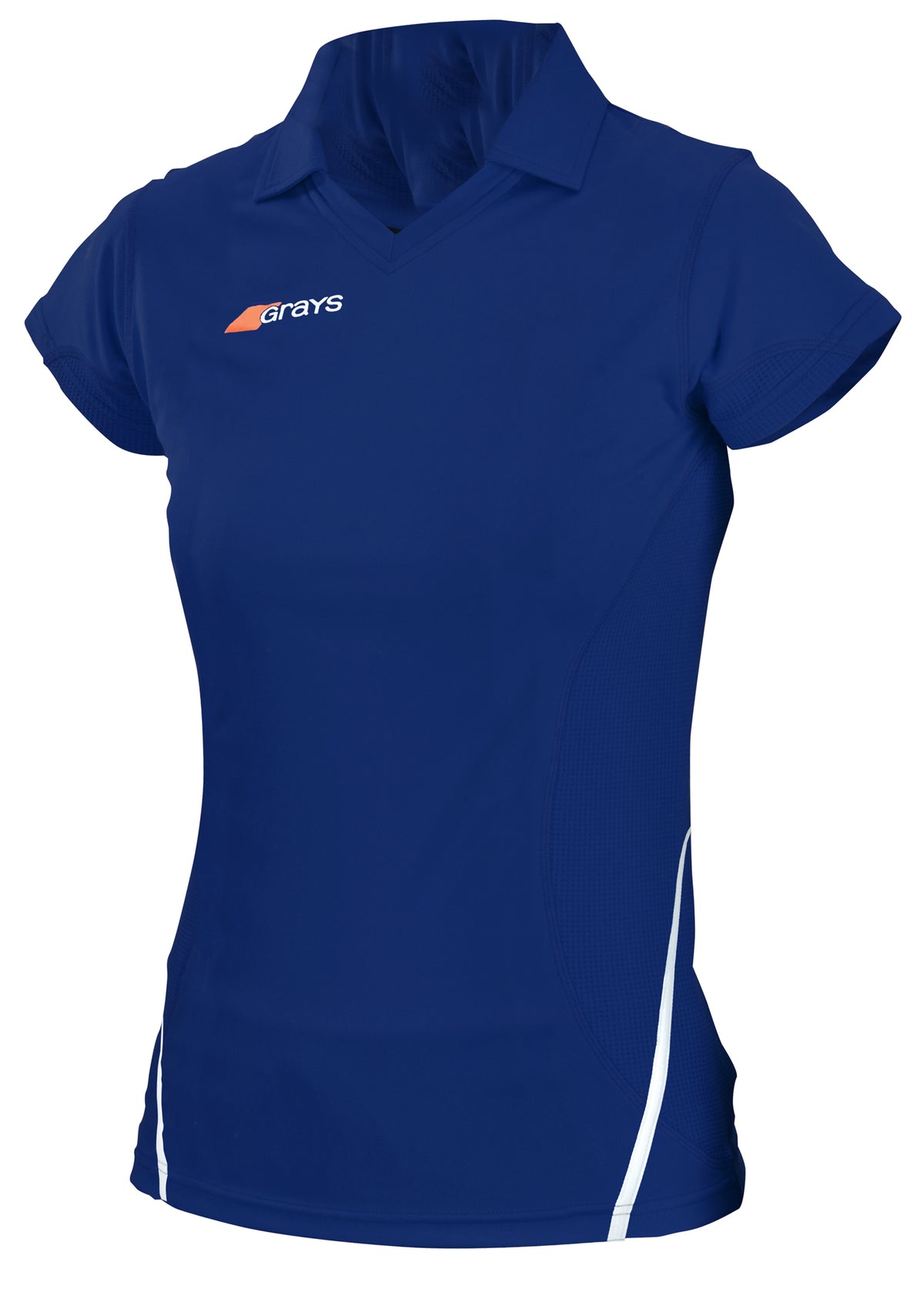 The Grays G750 Women's Shirt is a royal blue, short-sleeved athletic polo featuring a collar, white side accents, and the Grays logo in white and orange on the left chest. Designed for women with moisture management for quick drying comfort.