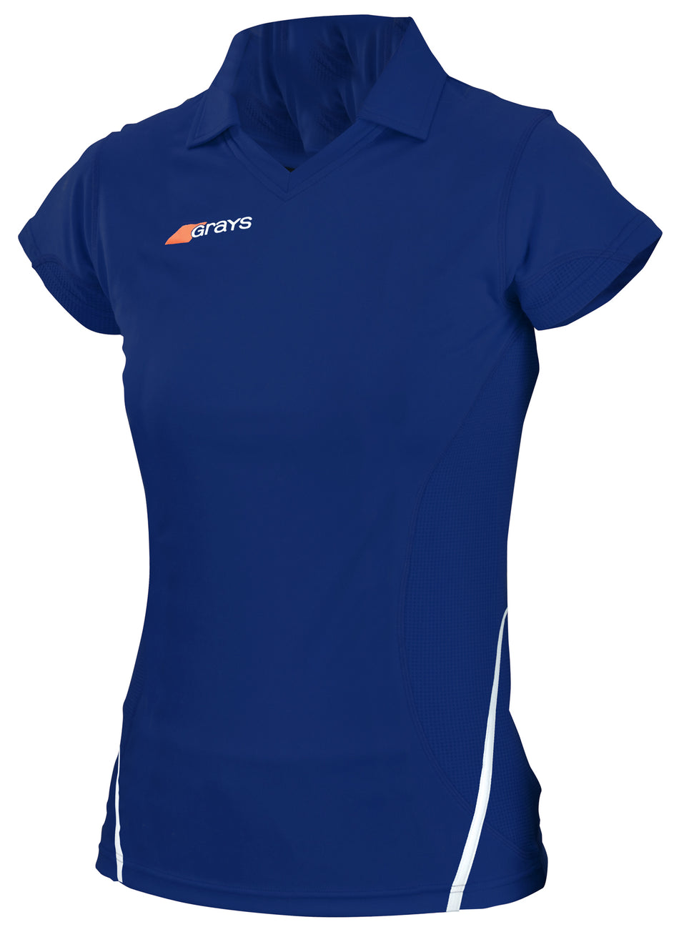 The Grays G750 Women's Shirt is a royal blue, short-sleeved athletic polo featuring a collar, white side accents, and the Grays logo in white and orange on the left chest. Designed for women with moisture management for quick drying comfort.