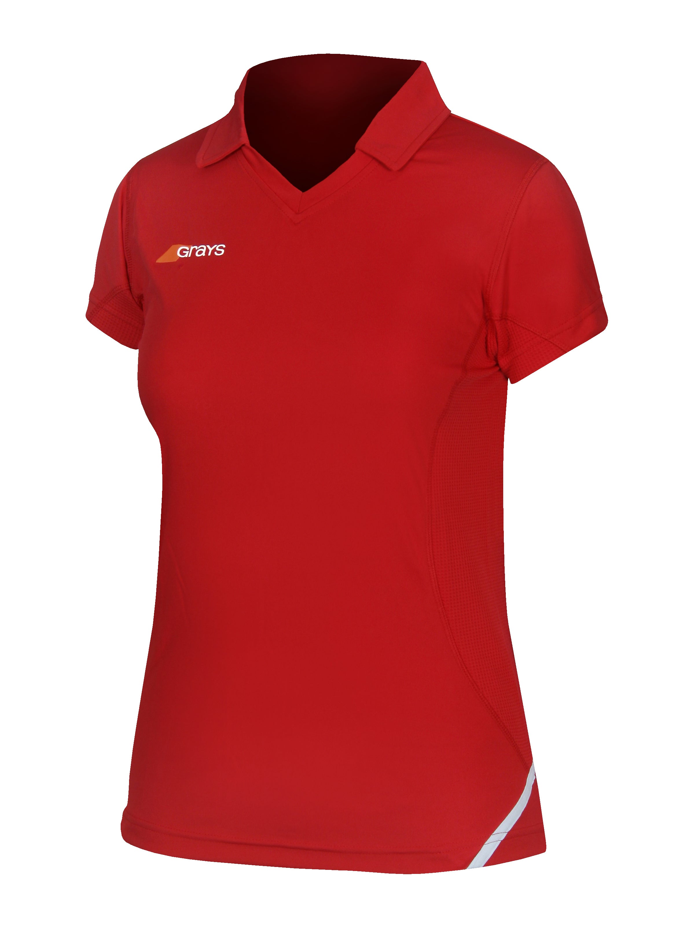 The Grays G750 Women's Shirt is a black, short-sleeved sports polo with a collar and a white Grays logo on the left chest. Designed for quick drying, it also features a small white stripe on the lower right side.