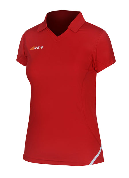 The Grays G750 Women's Shirt is a black, short-sleeved sports polo with a collar and a white Grays logo on the left chest. Designed for quick drying, it also features a small white stripe on the lower right side.