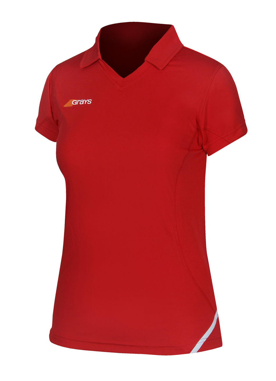 The Grays G750 Women's Shirt is a black, short-sleeved sports polo with a collar and a white Grays logo on the left chest. Designed for quick drying, it also features a small white stripe on the lower right side.