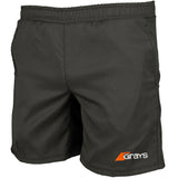 The Grays Mens Axis Hockey Short is a black, lightweight performance short featuring an elastic waistband and the orange and white Grays logo on the lower left leg.