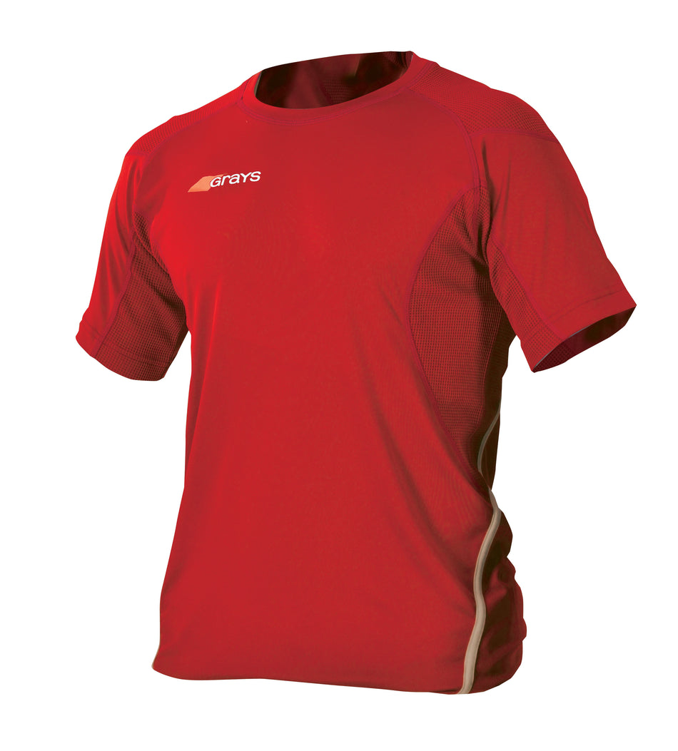 The Grays G650 Women's Shirt is a plain red V-neck athletic top with a small white Grays logo on the left chest, made from quick-drying fabric for moisture management, shown on a white background.
