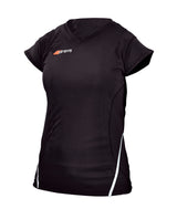 The Grays G650 Women's Shirt by Grays is black with a V-neck, short sleeves, white side accents, quick-drying fabric, and the Grays logo on the left chest.