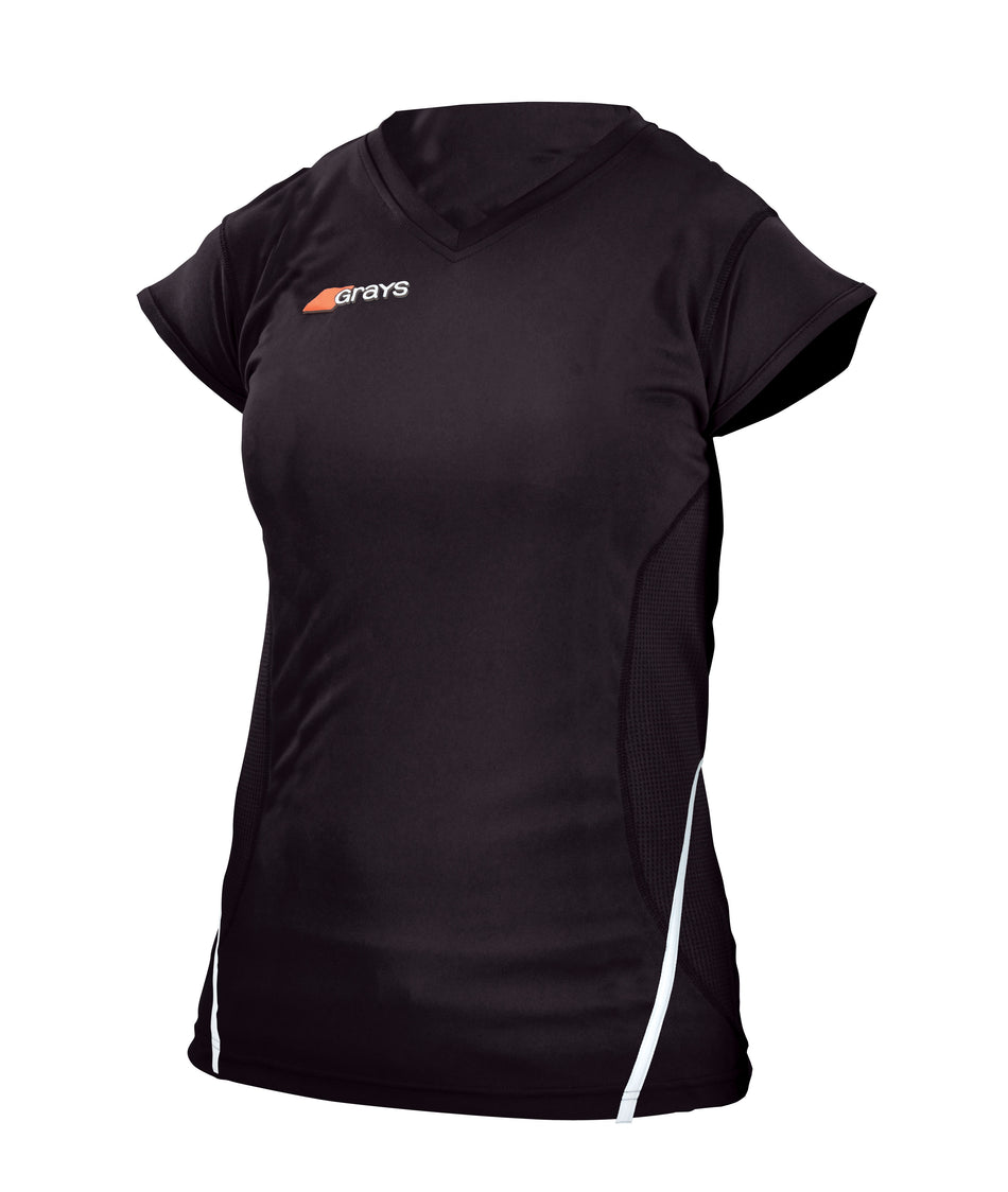 The Grays G650 Women's Shirt by Grays is black with a V-neck, short sleeves, white side accents, quick-drying fabric, and the Grays logo on the left chest.