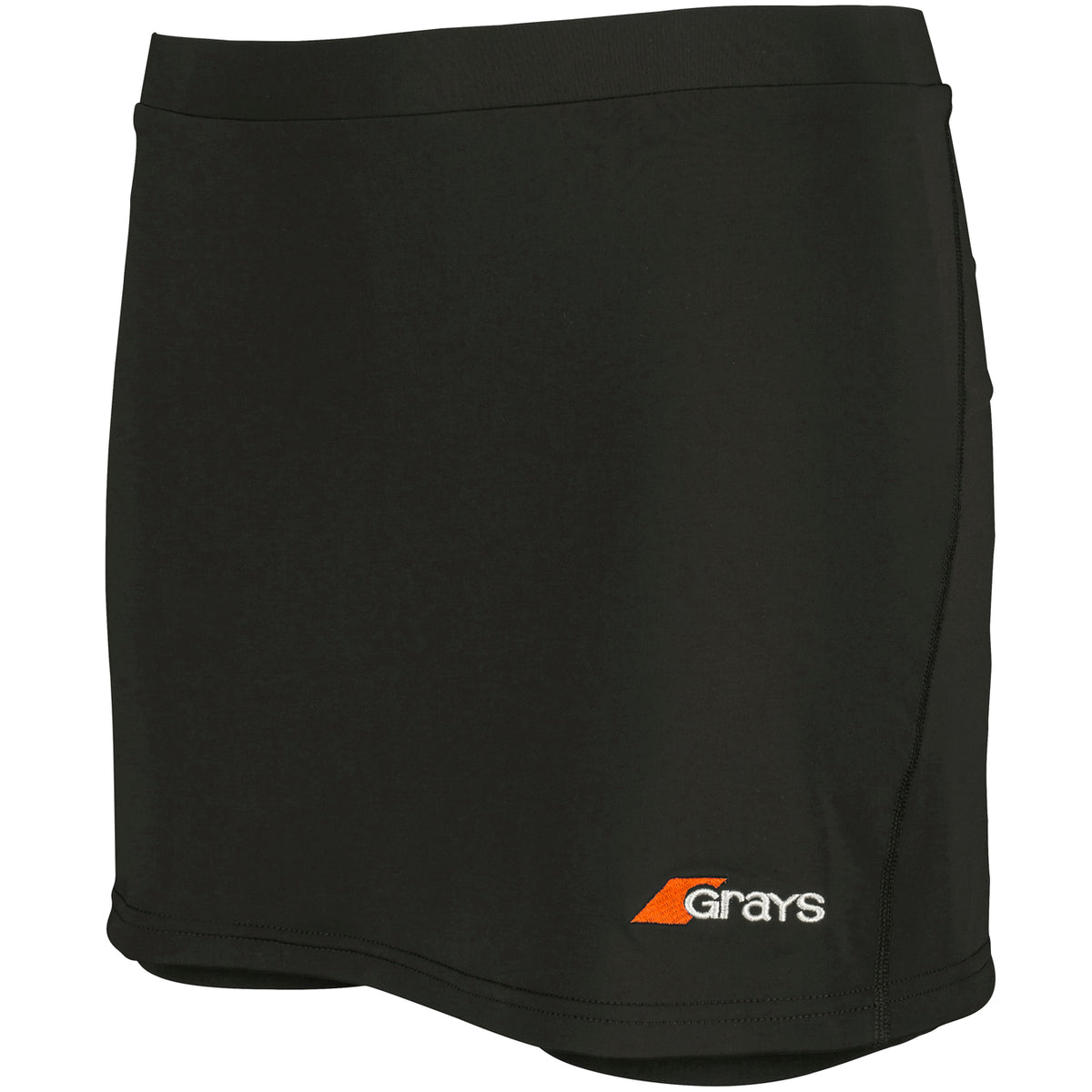 The Grays Apex Hockey Skort is a plain black women's athletic skort with an elastic waistband and a small orange and white Grays logo near the left hem.