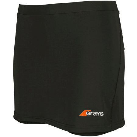 The Grays Apex Hockey Skort is a plain black women's athletic skort with an elastic waistband and a small orange and white Grays logo near the left hem.