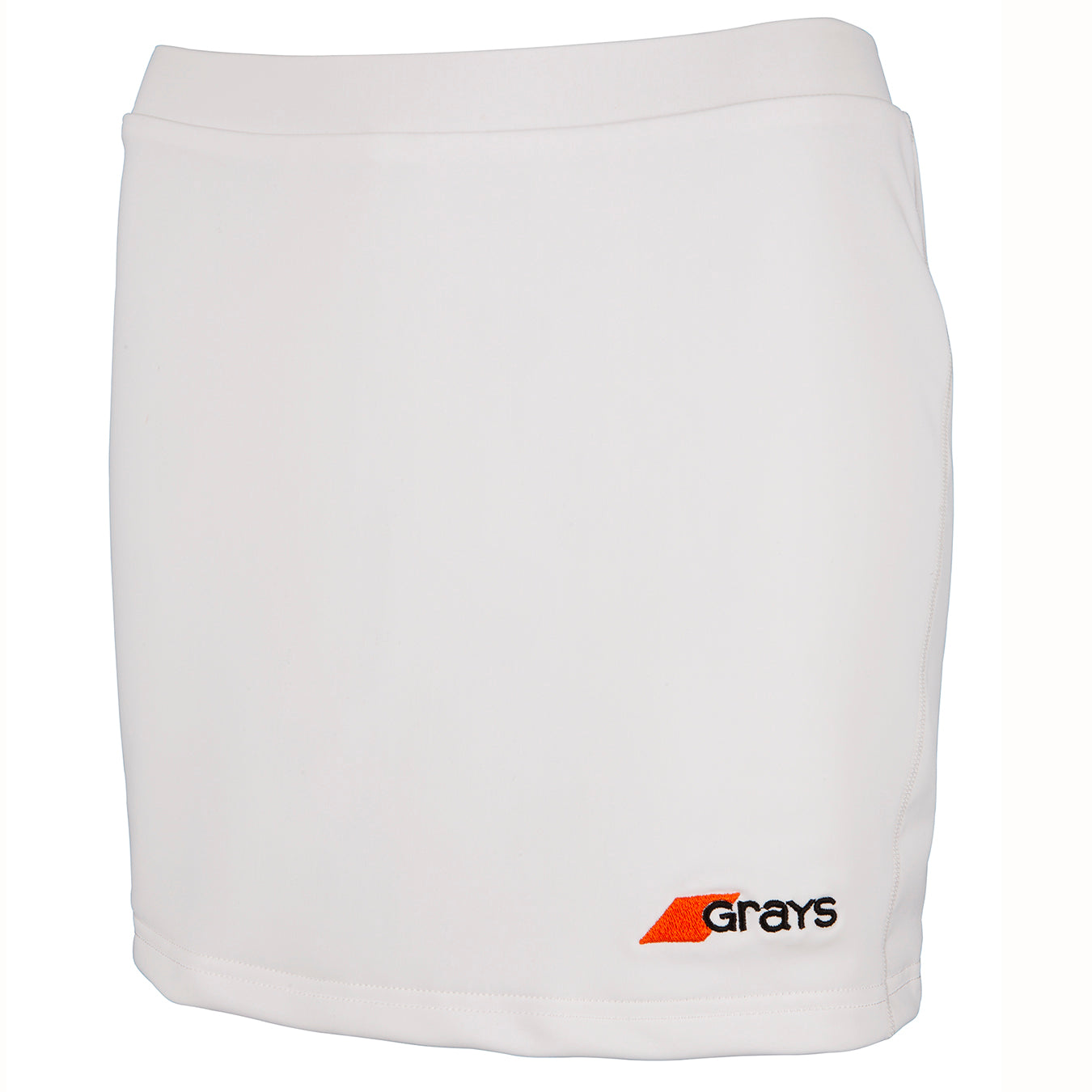 The Grays Apex Hockey Skort is a plain white women's athletic skort with an elastic waistband and a small orange and black Grays logo on the bottom right front.